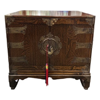 Vintage Korean Tansu Side Cabinet With Brass Mounts & Calligraphy Panels For Sale