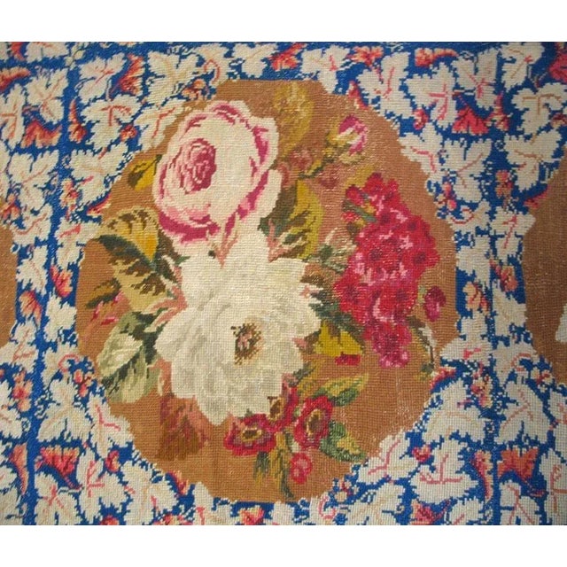 Victorian 1870s Blue Floral Antique English Victorian Needlepoint Carpet 6' X 6' Flatweave Wool Rug For Sale - Image 3 of 9