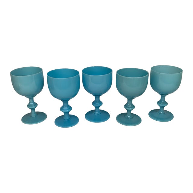 Vintage 5” French Portieux Vallerysthal Robin’s Egg Blue Opaline Glass Goblets - Set of 5 For Sale