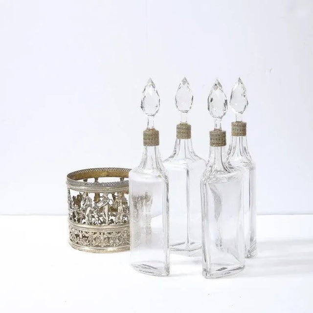 19th Century Neoclassical Figurative Silver Plate & Cut Crystal Decanter Set- 4 Pieces For Sale - Image 4 of 13