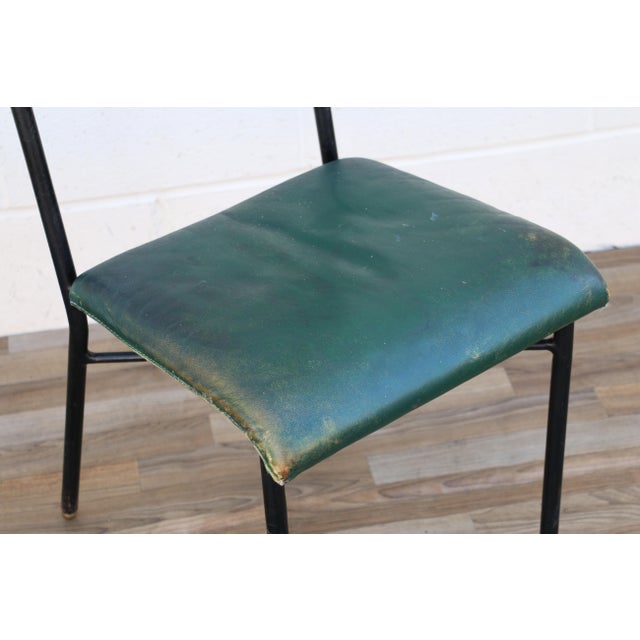 Metal Pair of Jacques Adnet Distressed Green Leather & Black Metal Dining Chairs, France 1950s For Sale - Image 7 of 18