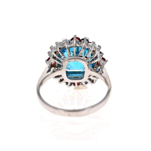 5.39 Carat Cushion Cut Blue Topaz Sapphire Diamond 14K White Gold Cocktail Ring Size 7 For Sale - Image 4 of 6