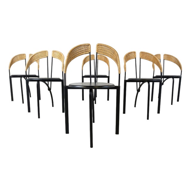 Italian Postmodern Wicker and Metal Dining Chairs, 1980s, Set of 6 For Sale