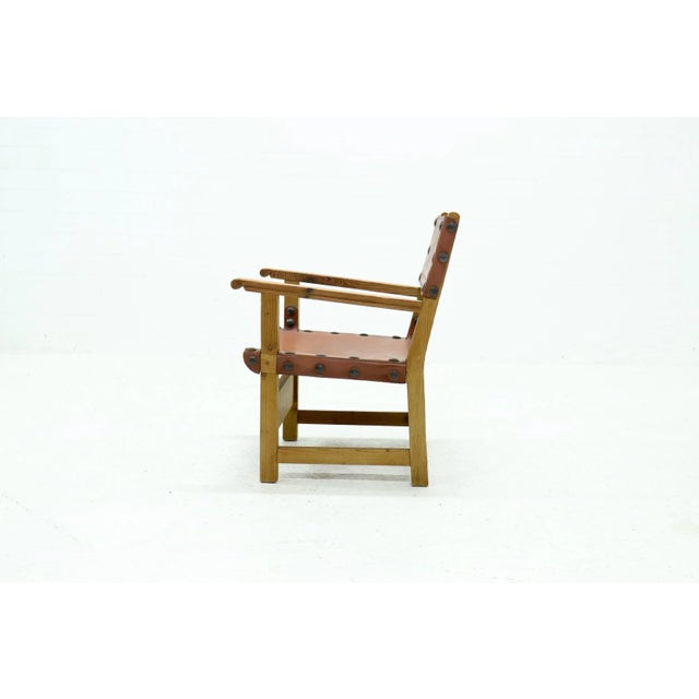Brown Brutalist Armchair in Pine and Cognac Leather, 1960s For Sale - Image 8 of 11