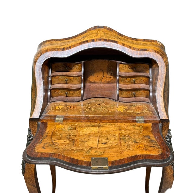 Auburn Gorgeous French Louis XV Walnut Bombe Jewelry Marquetry Table For Sale - Image 8 of 13