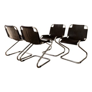 Italian Chrome and Cowhide Cantilever Dining Chairs, 1970s, Set of 4 For Sale