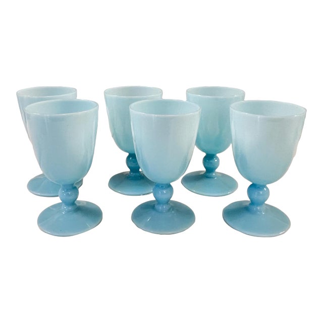 1930s Pretty set of 6 Morgantown Americana Turquoise blue opaline cordial glasses // demi crystal // liqueur glasses // blue glasses For Sale