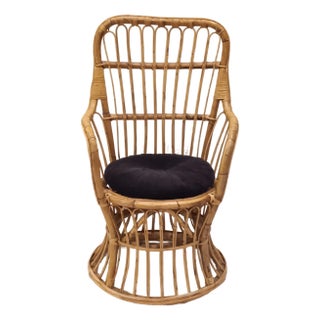 Vintage Wicker and Bamboo Bucket Chair Comes With a Black Cushion For Sale