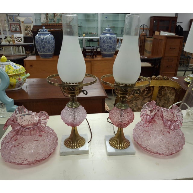Metal Mid 20th Century Fenton Art Glass and Marble Hurricane Table Lamps - a Pair For Sale - Image 7 of 10