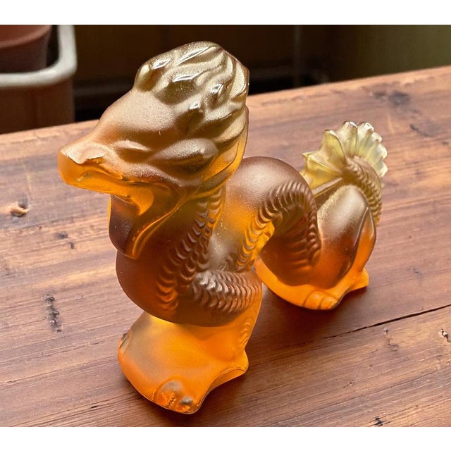 Chinese Dragon Sculpture in Amber and Frosted Glass by René
