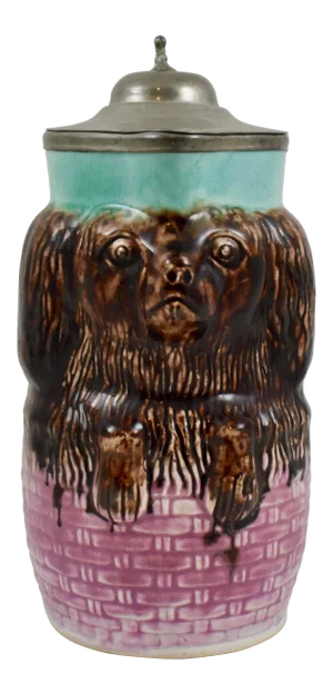Enoch Wedgwood English Majolica & Pewter Cavalier Spaniel in Basket Syrup Pitcher, 1877