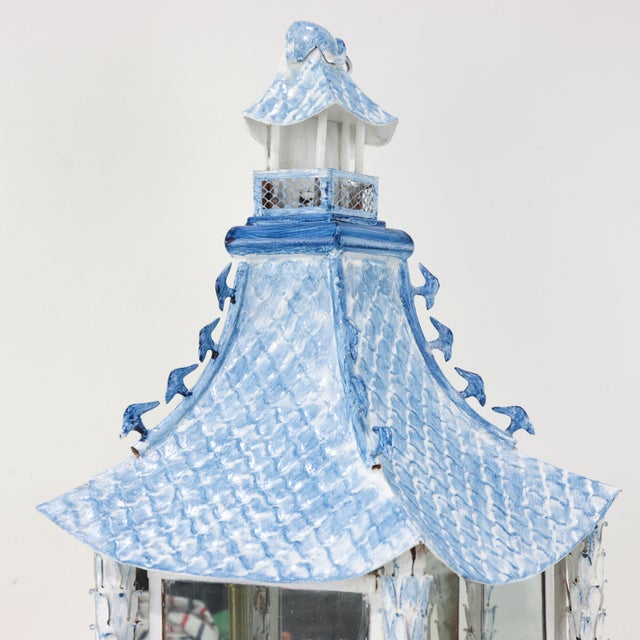 Metal A Pair of Vintage Brighton Blue and White Chinese-Style Pagoda Wall Lamps For Sale - Image 7 of 17