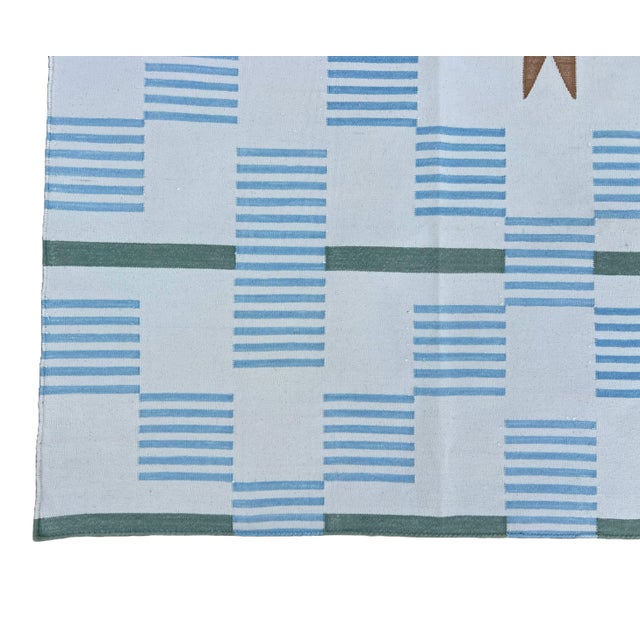 Handmade Cotton Area Rug, Cream, Sky Blue, Green and Tan Star Dash Striped Dhurrie - 8'x10' For Sale - Image 10 of 12