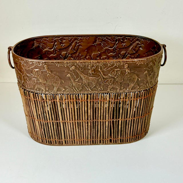 Boho Chic 1980s Vintage Boho Chic Safari Coastal Tole Elephant, Monkey & Giraffe Faux Wood Bamboo Wastebasket For Sale - Image 3 of 16