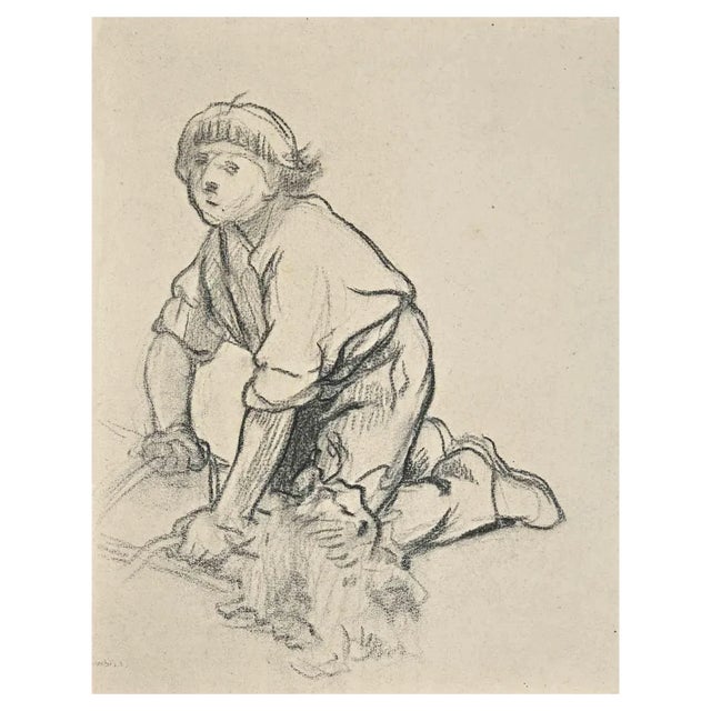 Tibor Gertler, Working Child, Charcoal Drawing, Mid 20th Century For Sale