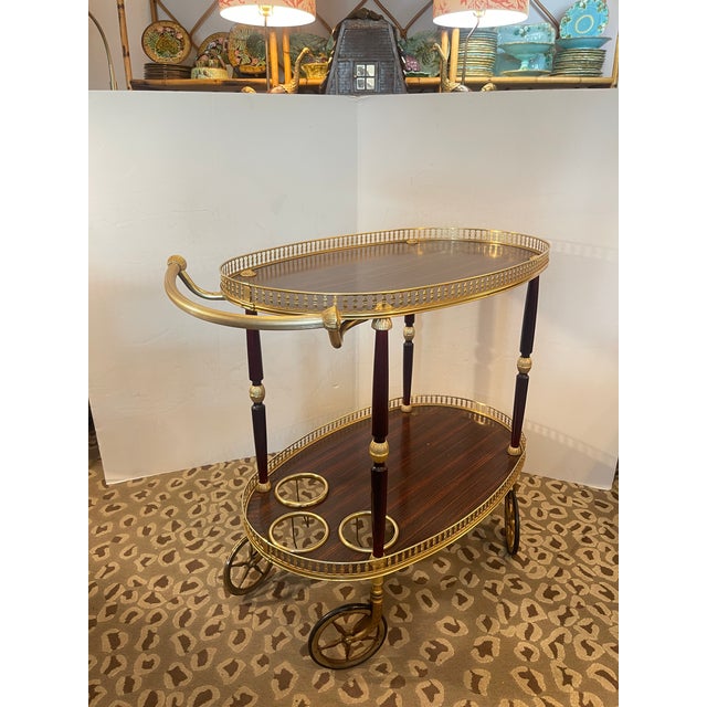 Hollywood Regency !950s Bar Cart Brass Gallery & Veneer, Italy For Sale - Image 3 of 13