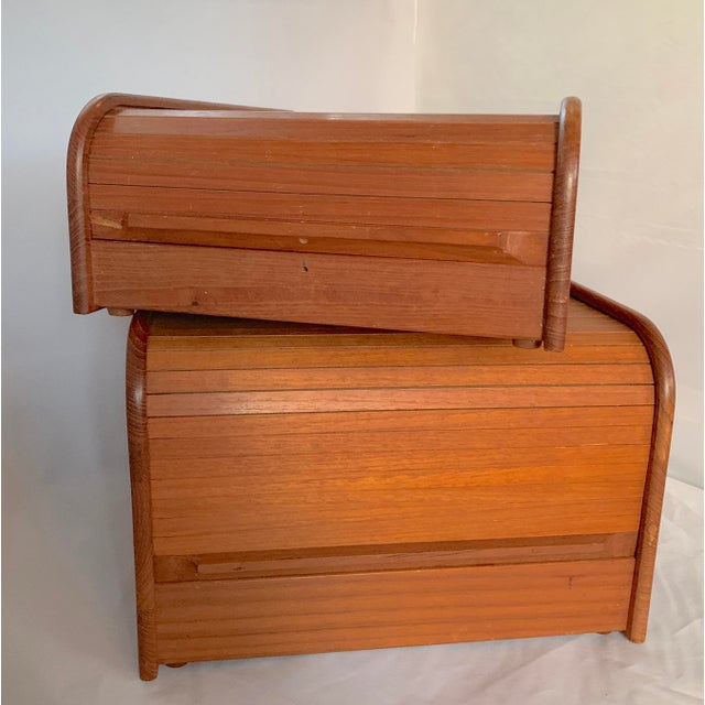 Vintage CD & Cassette Storage Filing Teak Wood Box Roll Top Tambour Door MCM Danish Style Set