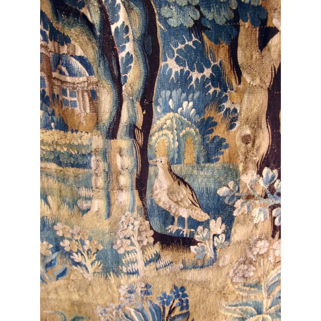 French French Aubusson Verdure Birds on the Grass With Large Tower Castel, Circa 1700 For Sale - Image 3 of 14