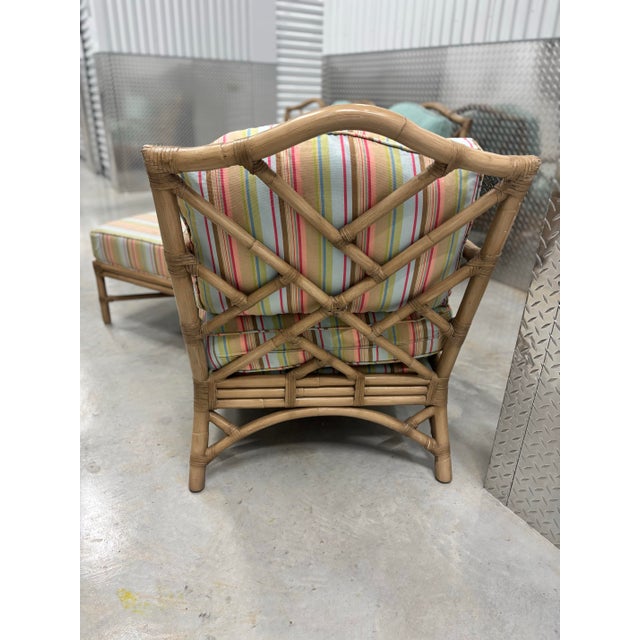 David Francis Attributed Chippendale Rattan Sofa Set. Couch, Chair and Ottoman, Used, Like New, for Fraction of Price. For Sale - Image 11 of 12