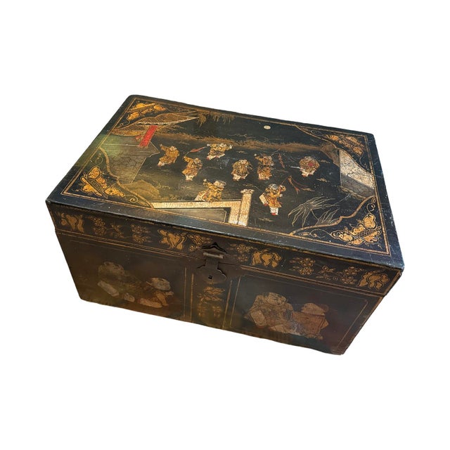 Vintage Black Chinese Lacquered Wood Blanket Chest with Hand-Painted Figural Scenes in Gold antique bronze hardware.