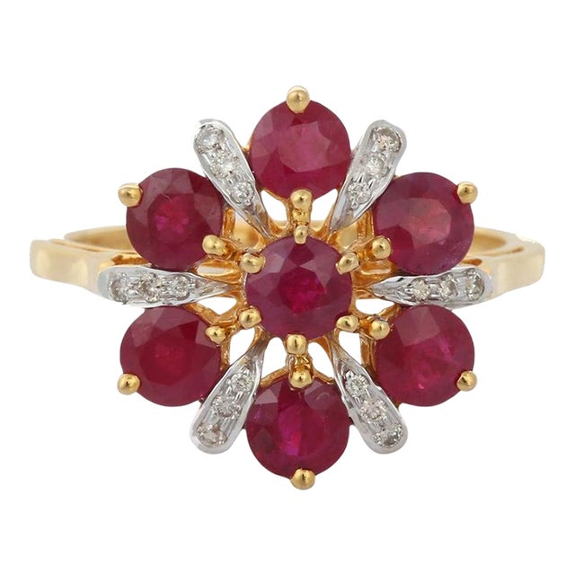 Indian Style Ruby Flower Ring Size 7 For Sale