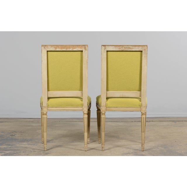 Antique French Louis XVI Painted Accent Side Chairs in Chartreuse Fabric - A Pair For Sale - Image 17 of 18