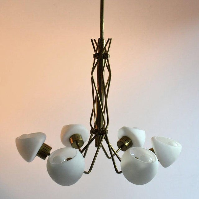 Opaline and Brass Italian Chandelier in the style of Stilnovo, 1950s For Sale - Image 13 of 14