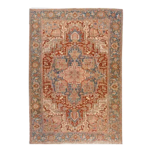Room Size Antique Persian Heriz Handmade Medallion Wool Rug in Rust