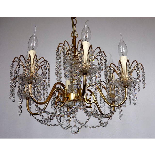 Gold Brass Lead Crystal 24K Gold-Plated Six-Light Chandelier from Sölken Leuchten, 1970s For Sale - Image 8 of 12