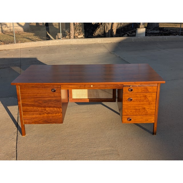 1950s 1950s Walnut and Cane Executive Desk by Edward Wormley for Dunbar Furniture For Sale - Image 5 of 17