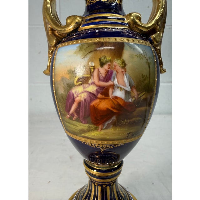 Ceramic Antique Hand Painted Royal Vienna Porcelain Cobalt Gold Lidded Vase Mini Urn For Sale - Image 7 of 18