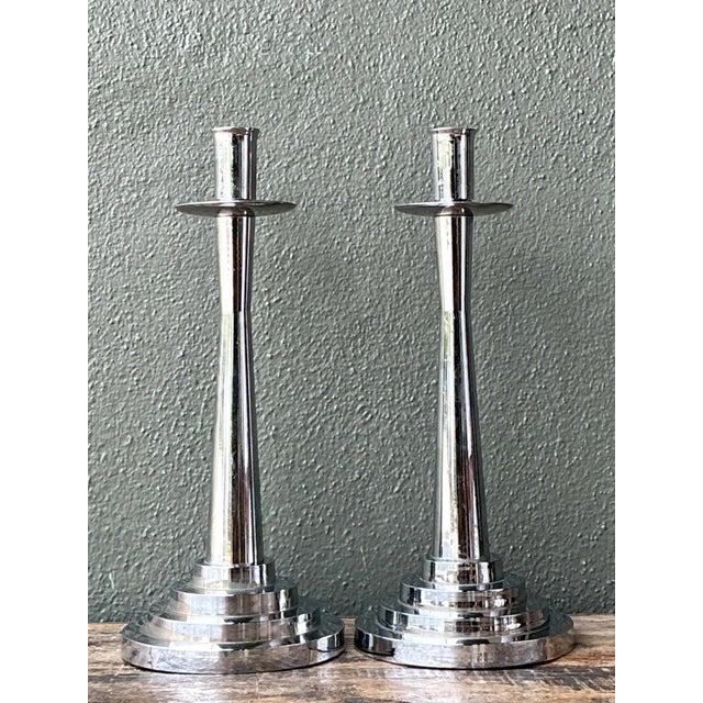 Mid-Century Modern Vintage Stepped Base Chrome Candlesticks For Sale - Image 3 of 12