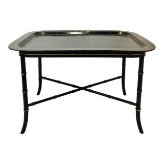 Early 20th Century Hand Painted Chinoiserie Papier-Mâché Faux Bamboo Tray Table - 2 Pieces For Sale