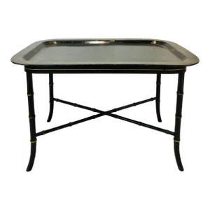 Early 20th Century Hand Painted Chinoiserie Papier-Mâché Faux Bamboo Tray Table - 2 Pieces