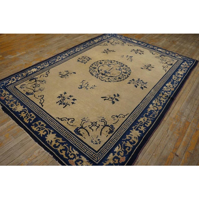 Contemporary 1920s Beige Medallion Greek Key Antique Chinese Peking Rug 6'2"x8'8" Wool Knotted Carpet For Sale - Image 3 of 9