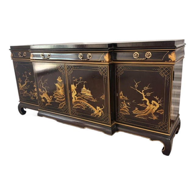 1984 Karges Furniture Hand-Painted Chinoiserie Lacquer Credenza With Asian Chow Legs For Sale
