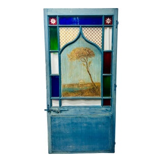 Antique Late 19th Century Blue Painted Moorish Style Stained Glass Door With Hand-Painted Landscape Panel For Sale