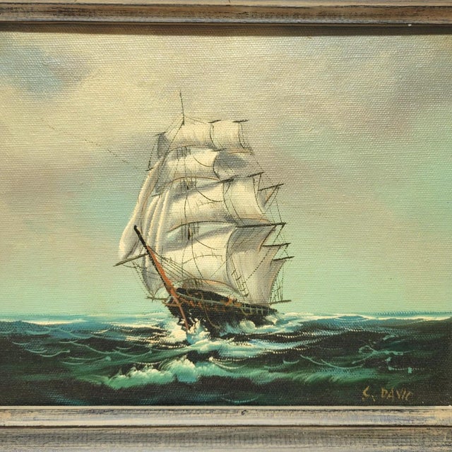 Vintage Signed Marine Oil Painting of a Clipper Ship at Sea in Distressed Frame For Sale - Image 4 of 6
