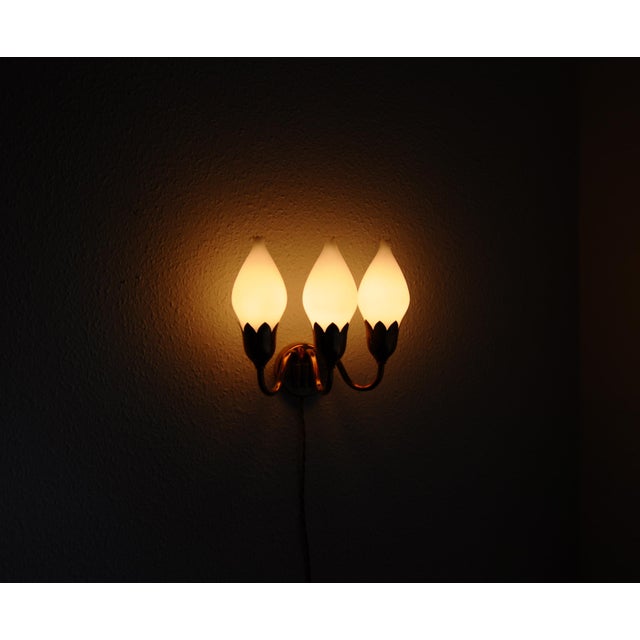 1950s Three-Arm Brass and Opaline Glass Tulip Wall Lamp from Fog & Mørup, 1950s For Sale - Image 5 of 8