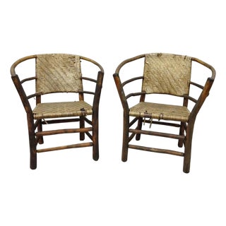 Mid 20th Century Adirondack Old Hickory Style Tree Branch Wood Frame Rattan Lounge Chairs a Pair For Sale