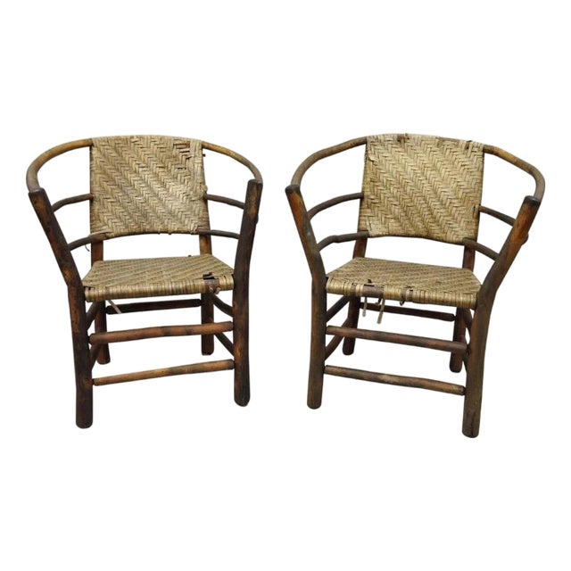 Mid 20th Century Adirondack Old Hickory Style Tree Branch Wood Frame Rattan Lounge Chairs a Pair For Sale