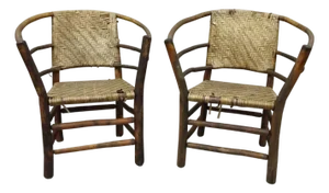 Mid 20th Century Adirondack Old Hickory Style Tree Branch Wood Frame Rattan Lounge Chairs a Pair