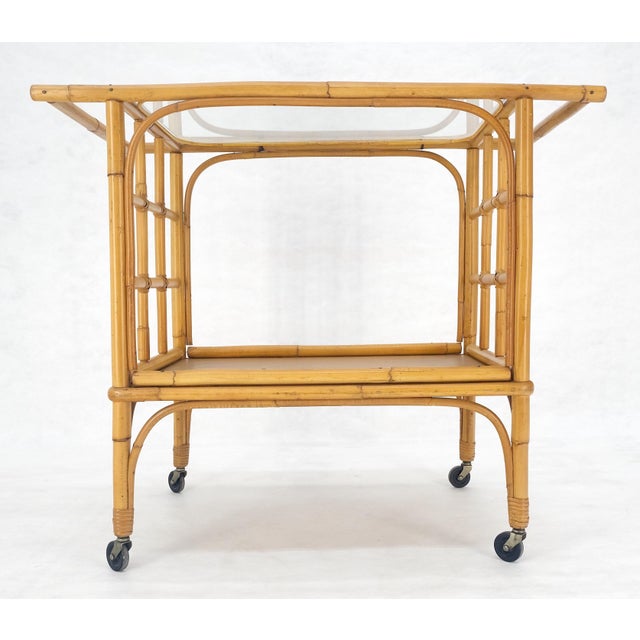 Fine Bamboo c1970s 2 Tier glass Top Serving Bar Cart on Wheels Mid Century MINT! For Sale - Image 14 of 18