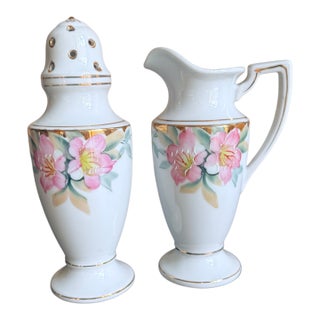 Antique, Early 20th Century Noritake Japan Azalea Porcelain Sugar Shaker and Milk Jug Set For Sale