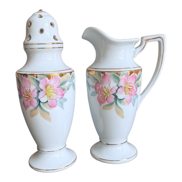 Antique, Early 20th Century Noritake Japan Azalea Porcelain Sugar Shaker and Milk Jug Set For Sale