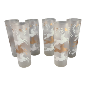 Vintage Equestrian Retro Set of 6 Frosted Glass Horses Cavalcade Motif Tom Collins Libbey Glasses