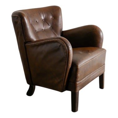 Early Danish Mid-Century Brown Leather 1669 Armchair by Fritz Hansen, 1940s For Sale