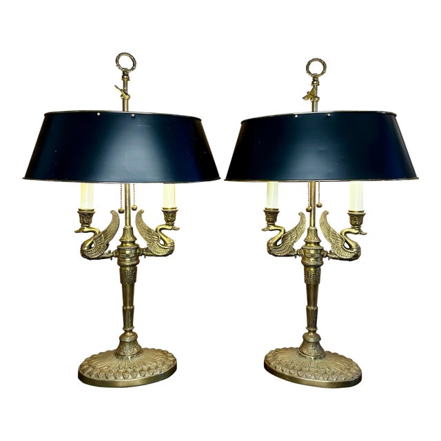 1990s Pair of Brass French Empire Swan Tóle Bouillotte Lamps. For Sale