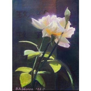 ? Rose by Bruce A Gómez | Pastel of a white rose with green leaves on a dark background For Sale
