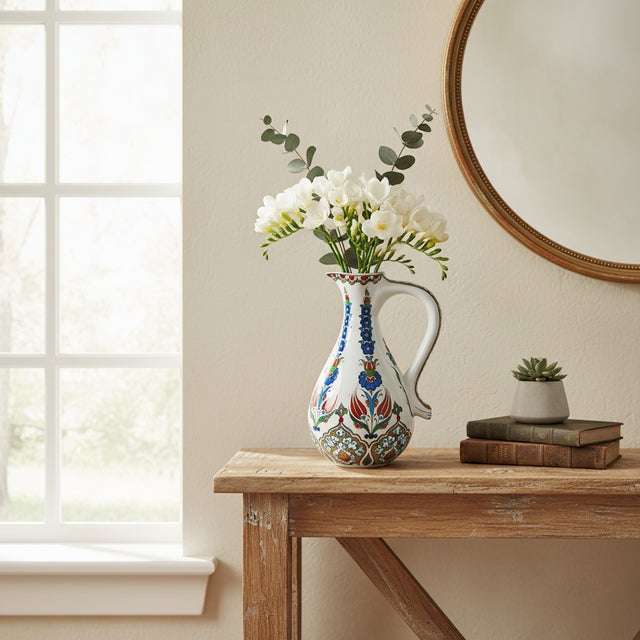 Handmade Ceramic “Ibrik” Pitcher Vase (25cm) – Red Tulip & Blue Hyacinth Pattern – Traditional Turkish Ewer For Sale - Image 6 of 9